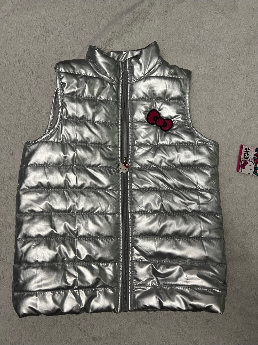 Hello Kitty Metallic Silver Quilted Puffer Vest with Pink Bow Patch